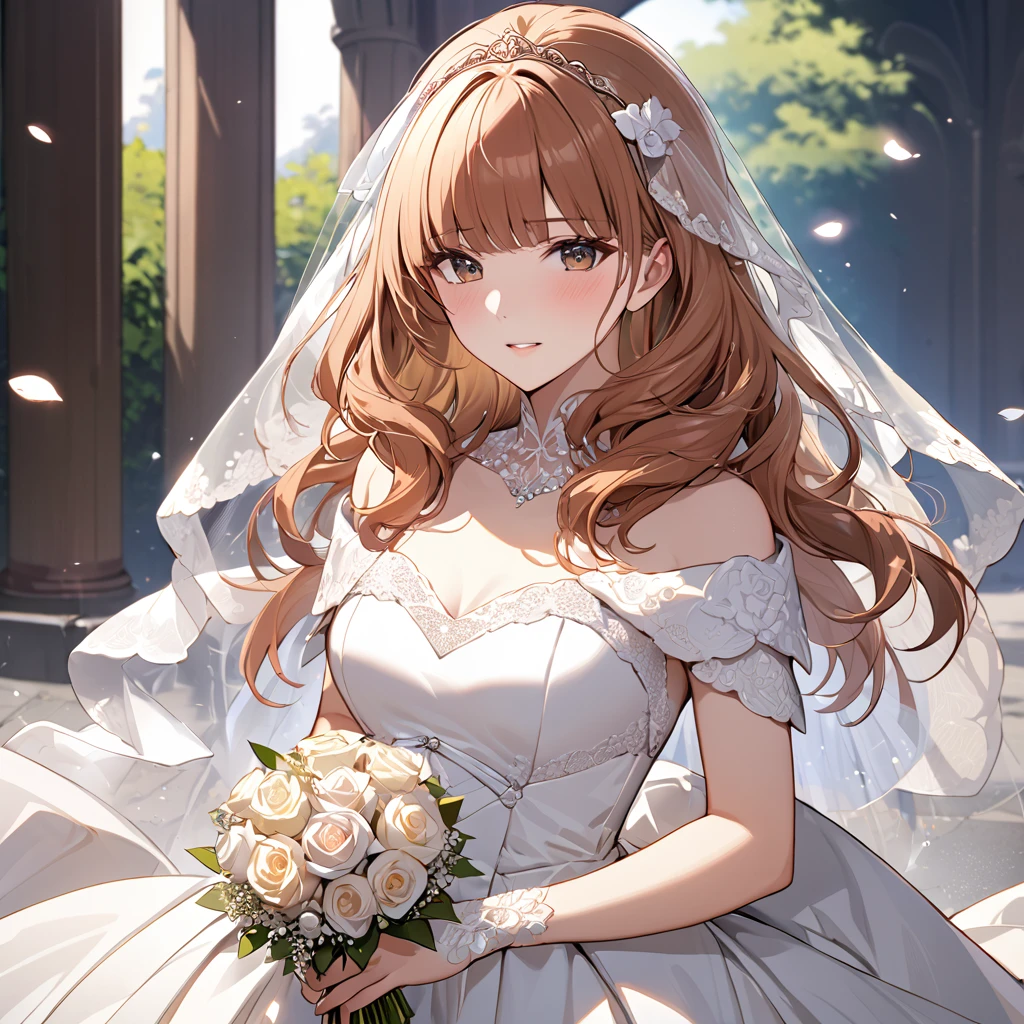 ((Highest quality)), ((masterpiece)), (detailed), （Perfect Face）、The woman is Celica、The woman is wearing a gorgeous wedding dress and a wedding veil.