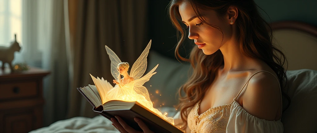 a complex image，A woman is reading a book，A fictional elf image appears in the book.