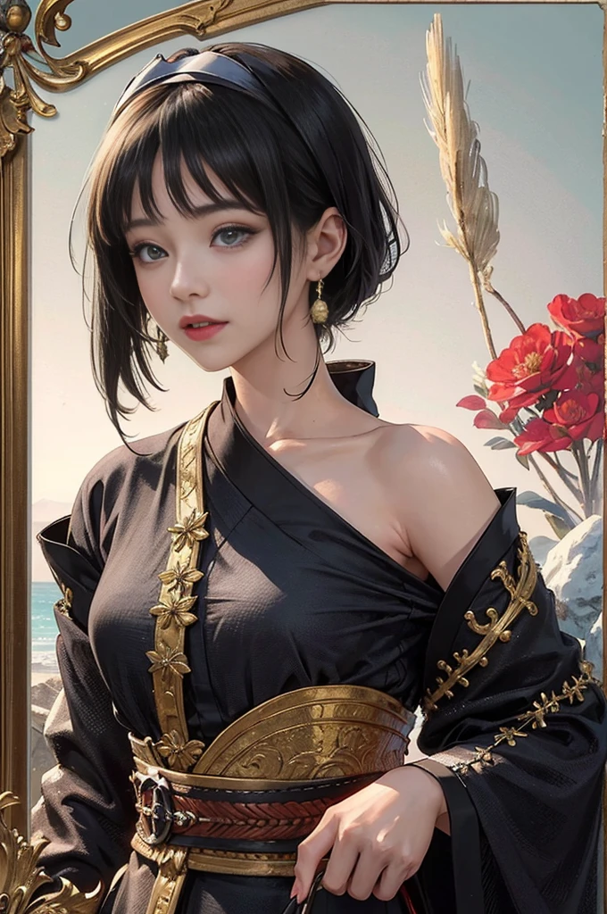 2girl, masterpiece face,japanese girl,idol,（Highest quality authentic textured skin),(beautiful, round, symmetrical eyes),Exquisite facial features,(Burning bright and cold eyes), body very slim,(naked), naked body, (She has a naughty smile on her face),(her face is gentle and beautiful),gold earrings on ears,,(blacck hair),(chestnut hair),(Dramatic photo:1.4),(Gorgeous photo),A messy painting,(dramatic light),(magnificent scene),Epic realism,Feeling,(High density imaging review:1.5),(pastel colors:1.2),Super detailed,dramatic light,(intricate details:1.1),complex background,(nsfw),(zentangle、a Mandala、Tangles、Entanglement)、dark Light、black foil、black leaf art、pure、There are also resilient messages, Overcoming and hope. Breasts are small and B size、Eyes are double, Beautifully detailed、A slight smil、Lolita,Short hair up to the shoulders、straight bungs,((Black kimono with spider web pattern))、(Black kimono),(Straight Hair)、Delicate hair、Smooth hair、Red lines on the corners of the eyes、Pink pussy、Dark Eyes,(Red headband)、(Red earrings)