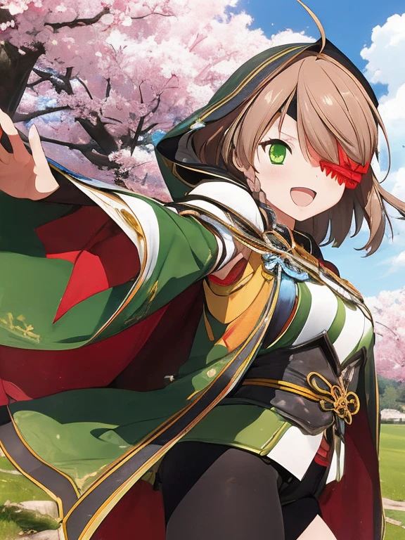 masterpiece, best quality, highres, , yamamoto kansuke, light brown hair, short hair, single braid, hair over one eye, ahoge, eyepatch, green eyes, 1girl, solo,, , open_mouth,(happy:1.3),gleen_eyes,big_smile,(rise_leg:1.3),plump,apart_legs,(overly_long_sleeves:1.3),),sleeves_past_wrists,hands_hidden_sleeves,sidelock_clothes,dynamic_posing,solo,hidden_wrists,(XD:1.4),covered_nipples,sunlight,cherryblossom_temple_landscape_background,