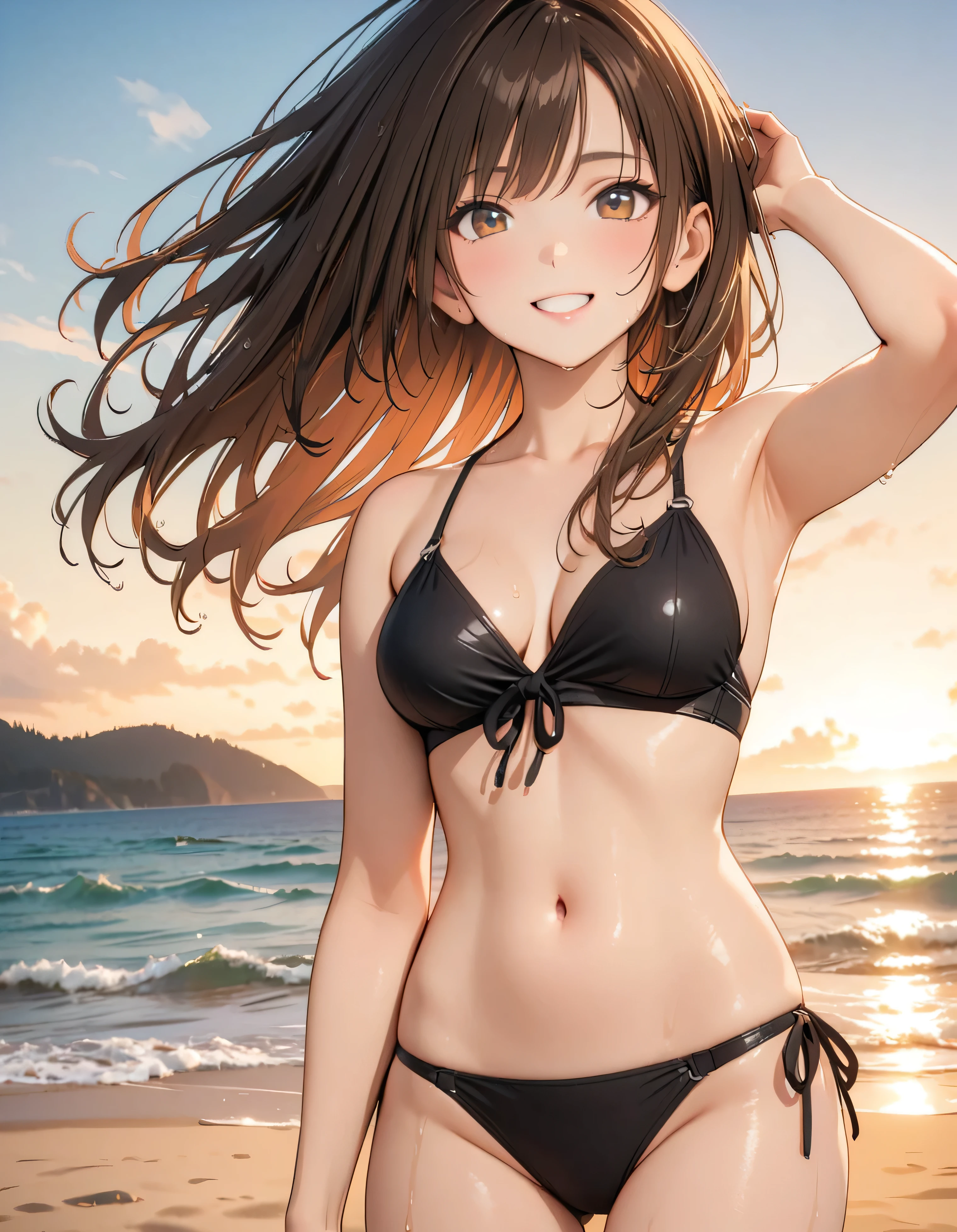 (Highest quality:1.2, Very detailed, up to date, Vibrant, masterpiece:1.2, Highest quality, Best aesthetics), smile, ((Face Up Shot:1.4)), 1980s style, 8K Ultra HD, Background Blur, smile, One Woman, Woman in bikini, Strong sunlight, Seaside, sunny, Summer sunshine, Wet Skin, Sandy Beach, Dynamic Angle, dynamic, Get excited