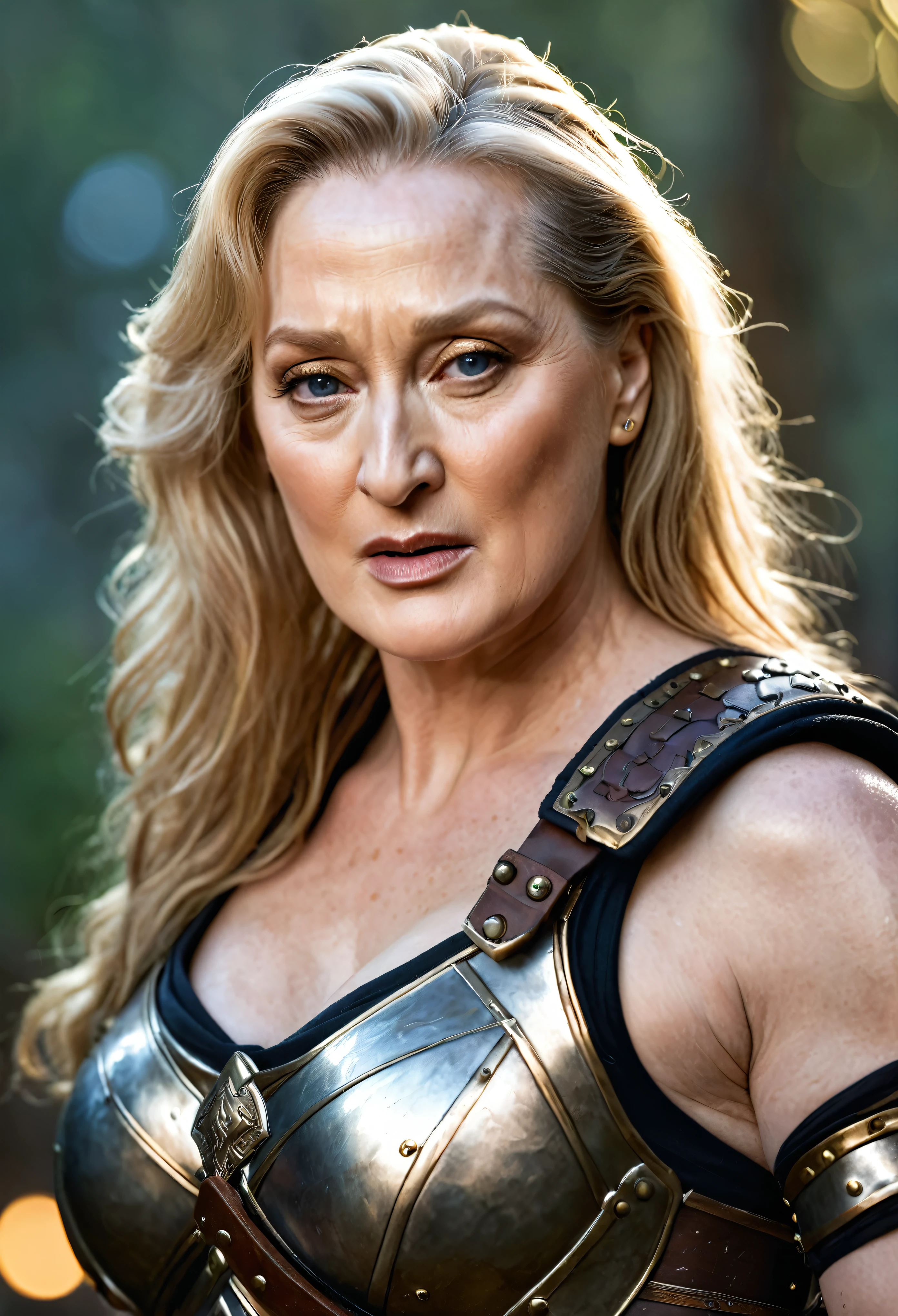 Looks like Meryl Streep, stunning beauty, A beautiful barbarian woman, blonde hair, punk hair, sword and sorcery, skimpy armour, high detail face, high detail skin, muscle definition, high resolution, photo-realistic, cinematic lighting, depth of field, bokeh, sexiest warrior beauty,