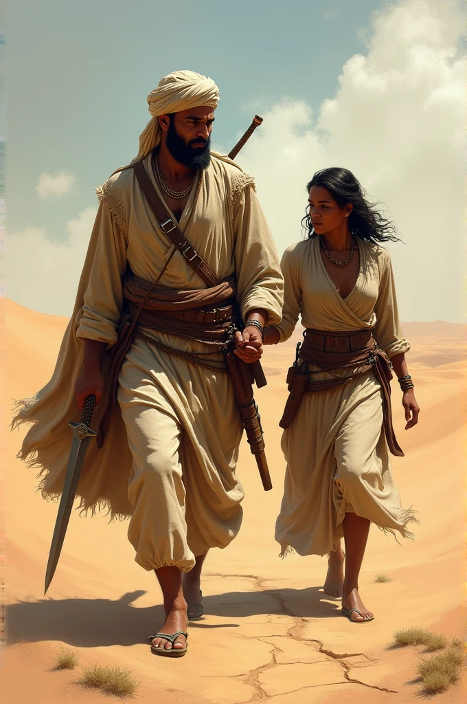 Arabic solider moving his slave woman 