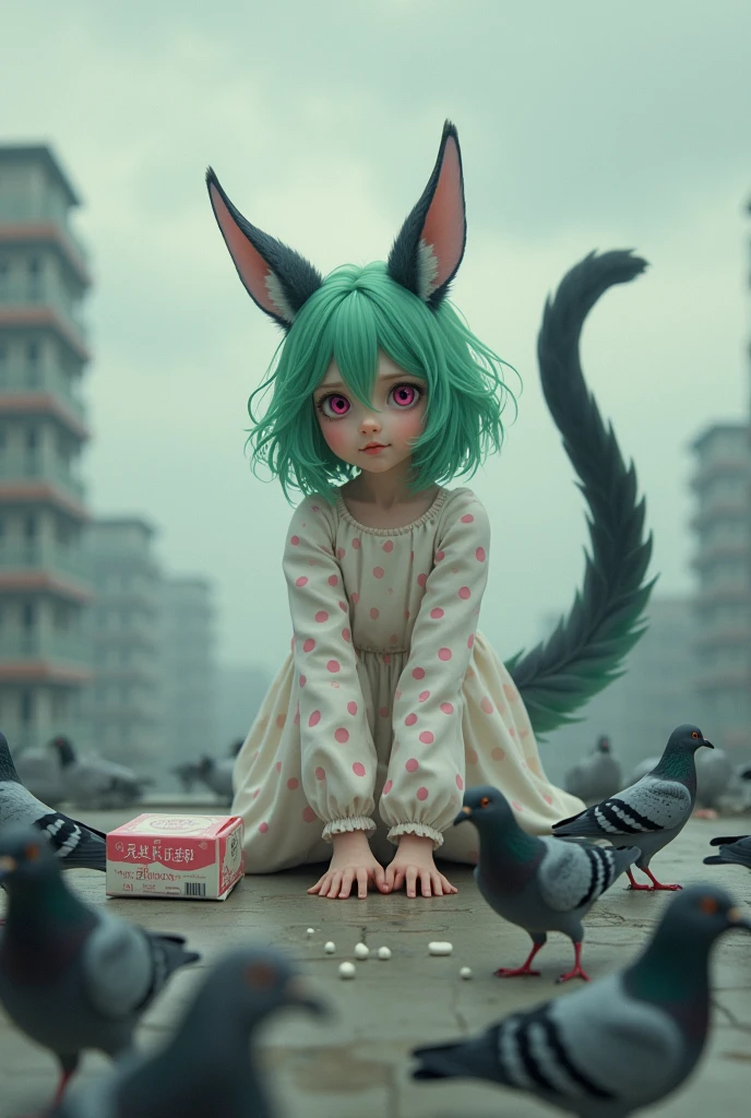 Girl with green hair and lynx ears. with pink eyes. Dressed in a white dress with long sleeves and pink polka dots. With a black tail and the tip of the tail is ash-violet.

She stands on the roof of a multi-story building,squats and feeds pigeons. The sky is grey and overcast.

There is a pack of marshmallows next to her..