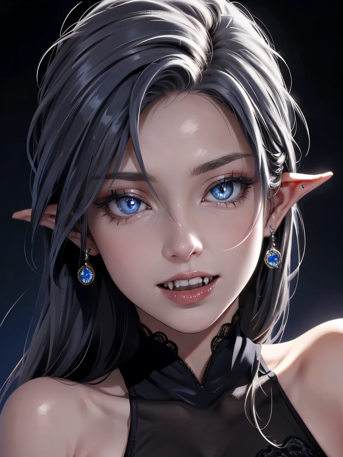 beautiful vampire woman in her 30s, with blue eyes and striking features, exuding maturity and allure in a seductive pose.(dark-blue background), pointy ears, (glowing blue eyes), (sharp fangs), beauty, (long white hair), an14