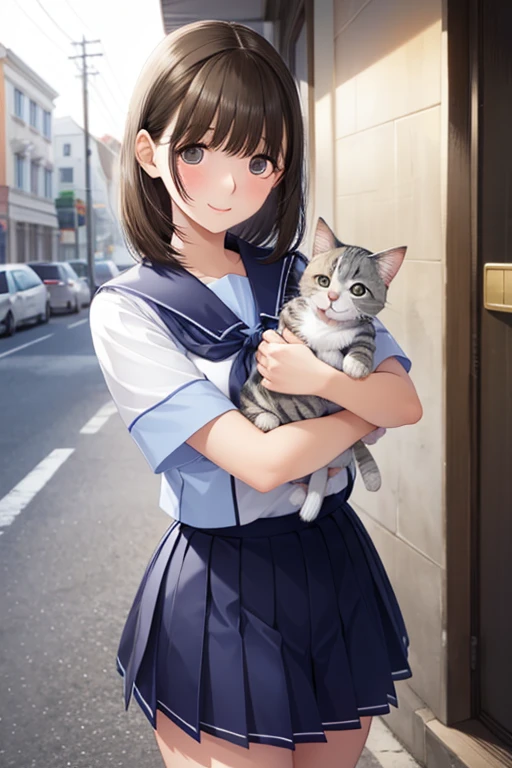 Girl on her way home from school、((Holding a kitten、Wink,Close one eye))、Short-sleeved white sailor suit、Navy blue mini pleated skirt、Very short mini skirt、Bare thighs、  anegasaki nene、Shiny brown hair, short hair, (Beautiful brown eyes)、smile、Sparkling eyes, (Fine grain)、Ultra-detailed eyes、Highly detailed face, Highly detailed eyes,Cowboy Shot、