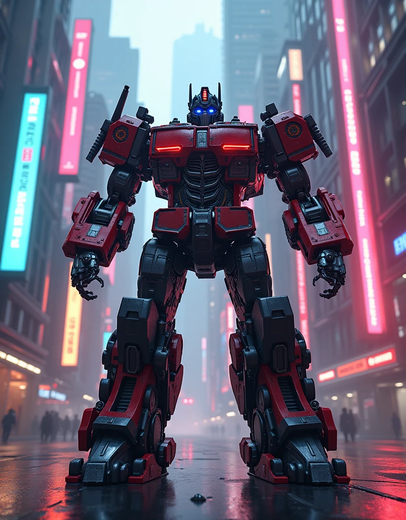 Optimus Prime, highly detailed, intricate mecha design, cyberpunk cityscape, neon lights, cinematic lighting, dynamic action pose, mechanical limbs, glowing energy effects, photorealistic, 8k, (best quality, 4k, 8k, highres, masterpiece:1.2), ultra-detailed, (realistic, photorealistic, photo-realistic:1.37), advanced robotics, industrial machinery, futuristic technology, dramatic shadows, vivid colors, cinematic composition