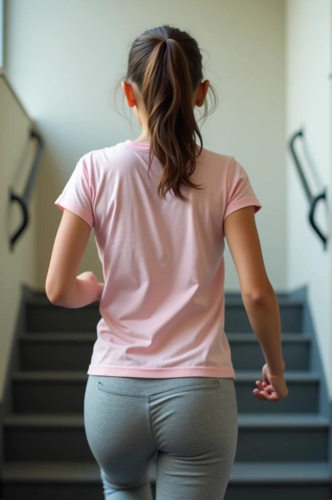 A realistic picture of a teenager doing 3mins step on stairs (back cam) wearing baby pink tshirt and gray jogging pants
