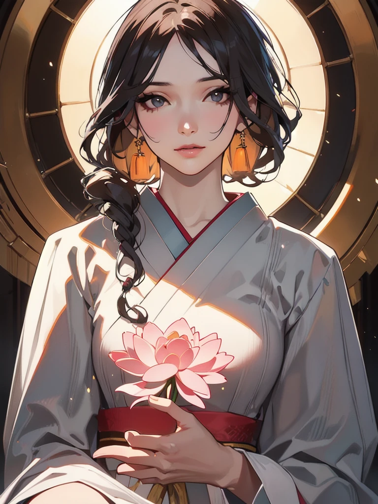 anime girl, fan as a weapon, lotus flowers, rain, in a temple, (best quality,4k,8k,highres,masterpiece:1.2),ultra-detailed,(realistic,photorealistic,photo-realistic:1.37),1girl,beautiful detailed eyes,beautiful detailed lips,extremely detailed eyes and face,longeyelashes,kimono,holding a fan,lotus pond,heavy rain,temple architecture,shinto shrine,dramatic lighting