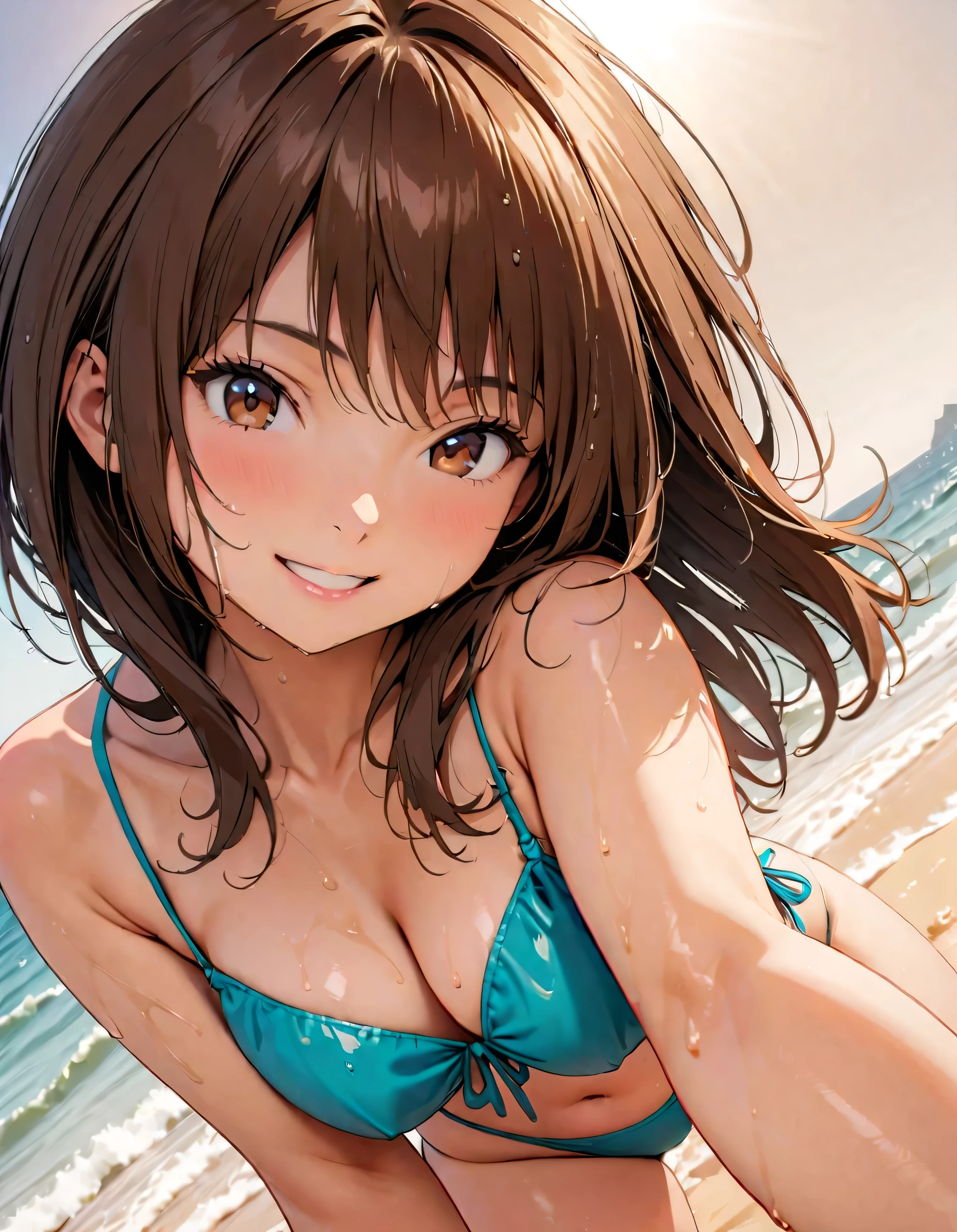 (Highest quality:1.2, Very detailed, up to date, Vibrant, masterpiece:1.2, Highest quality, Best aesthetics), smile, ((Face Up Shot:1.4)), 1980s style, 8K Ultra HD, Background Blur, smile, One Woman, Woman in bikini, Strong sunlight, Seaside, sunny, Summer sunshine, Wet Skin, Sandy Beach, Dynamic Angle, dynamic, Get excited, ダイナミックなポーズ