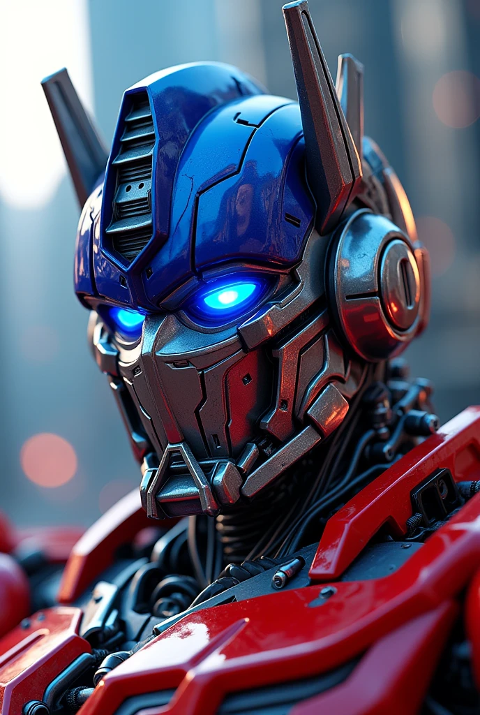 Close-up portrait of Optimus Prime, amazing, vibrant, and detailed electric blue and red glow, with a cyberpunk design of the Optimus Prime robot in a city background. The glowing details create a hyper-realistic, cinematic photography style with high resolution and HDR quality, in the style of Hracheyipian M Tiger