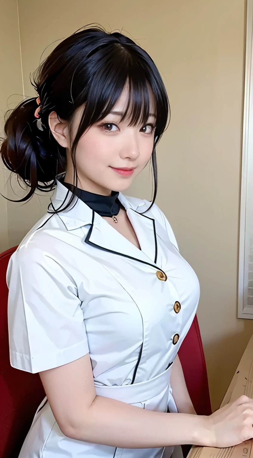 (Highest quality,masterpiece:1.3,Ultra-high resolution,),(Very detailed,Caustics),(Realistic:1.4,RAW shooting,)Ultra-Realistic Capture,Very detailed,High resolution 16K human skin closeup。 Natural skin texture、,pores、、、、It must be detailed enough to be easily identifiable。 Skin tone is even and healthy looking。 Use natural light and colour,restaurant,Waitress Uniform,1 girl,Japanese,18-year-old,cute,Black-haired,ponytail,Big Breasts,smile,Turn your body forward,(Front view:1.1),Looking into the camera,Cowboy Shot,