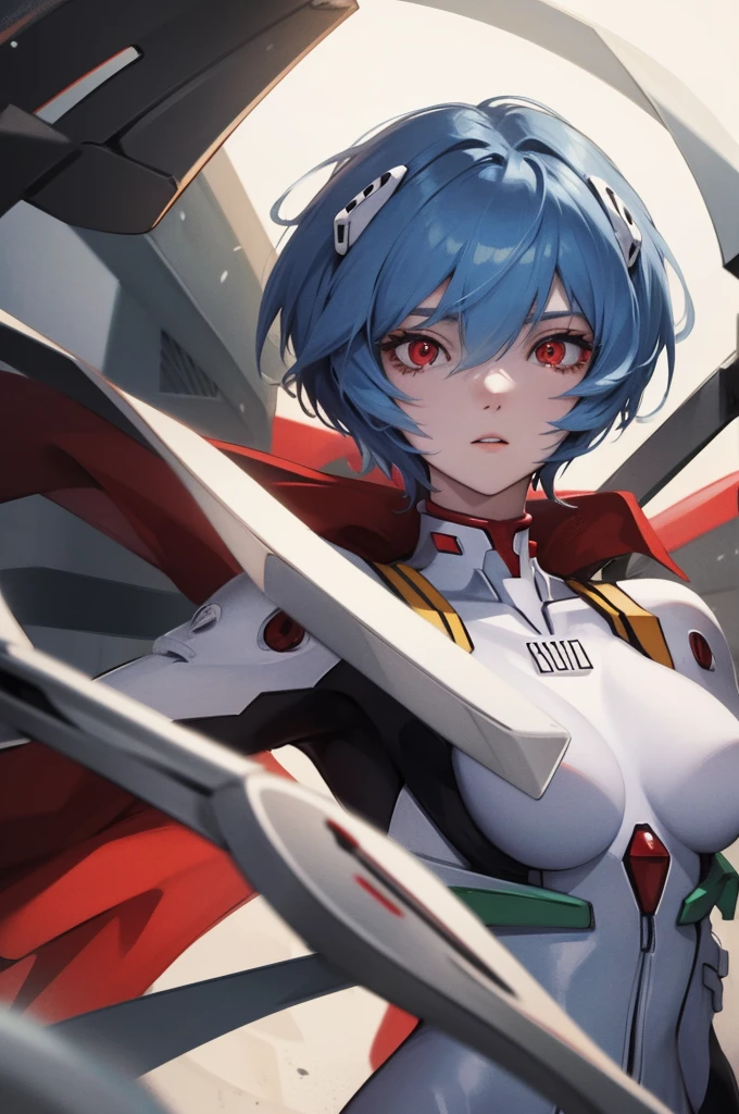 One girl, Ayanami Rei, alone, Red eyes, short hair, white plugsuit, Hair between the eyes, View your viewers, Blue Hair, rut, Mouth closed, bangs, From above, medium quality, slow,