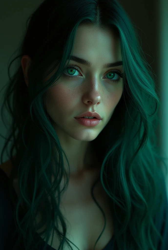 a naked beautiful woman with long green hair, porcelain white skin, detailed face, extremely detailed eyes and lips, photorealistic, hyperrealistic, (best quality,4k,8k,highres,masterpiece:1.2),ultra-detailed,(realistic,photorealistic,photo-realistic:1.37),dramatic lighting, cinematic lighting, intricate details, flawless skin, elegant pose

