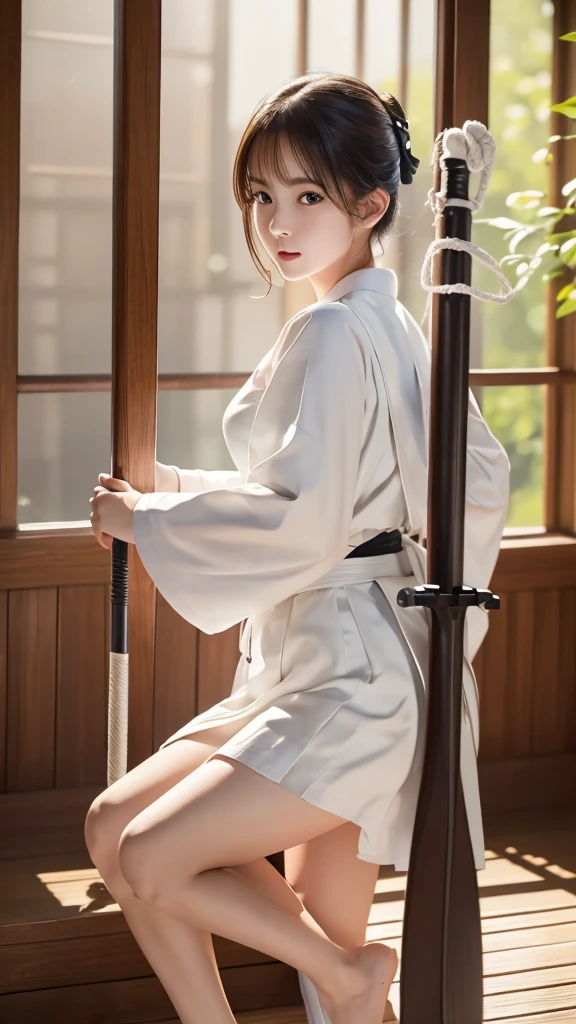 Photo quality, 8k, Detailed facial depiction, Cute girl, White Kendo uniform, Long white hakama, Swinging a sword, Elevate your legs, Full body image