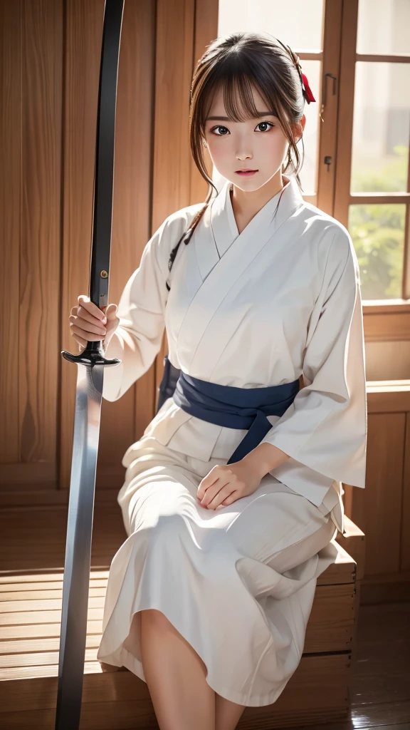 Photo quality, 8k, Detailed facial depiction, Cute girl, White Kendo uniform, Long white hakama, Swinging a sword, Elevate your legs, Full body image