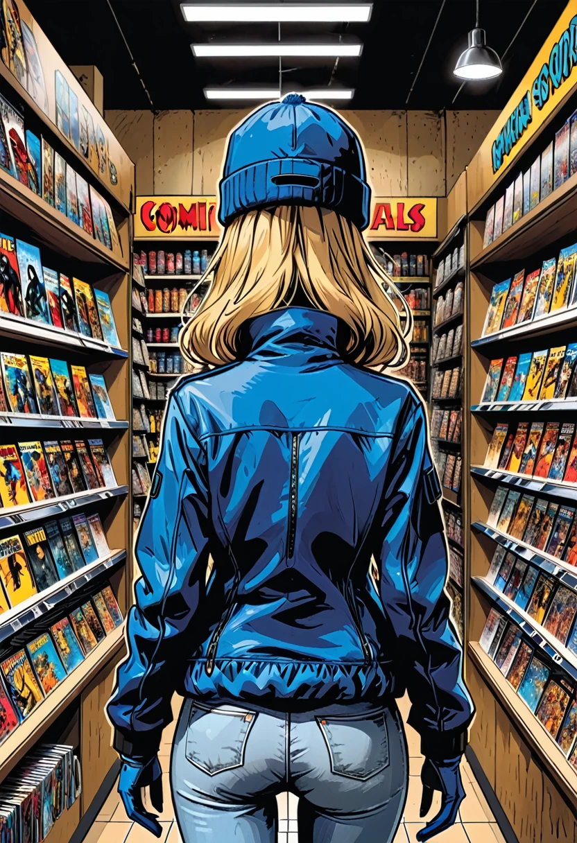 comic book store, 
(back view), (((fullbody))),
(inside), (((from the back girl in Blue zipped up down winter jacket and black turtleneck )) and (jeans) and blue gloves and (((blue winter hat)))) walking at the comic book store,adult, [Nordic], Hourglass elongated fitness body, perfect Olive skin, Rounded shoulders,  (Short blonde Waves pixie hair),  long slim fitness legs, no face, 
comic book store in a shopping center, 

graphic style of novel comics, 2d, 8k, hyperrealism, masterpiece, high resolution, best quality, ultra-detailed, super realistic, Hyperrealistic art, high-quality, ultra high res, highest detailed, lot of details, Extremely high-resolution details, incredibly lifelike, colourful, soft cinematic light,