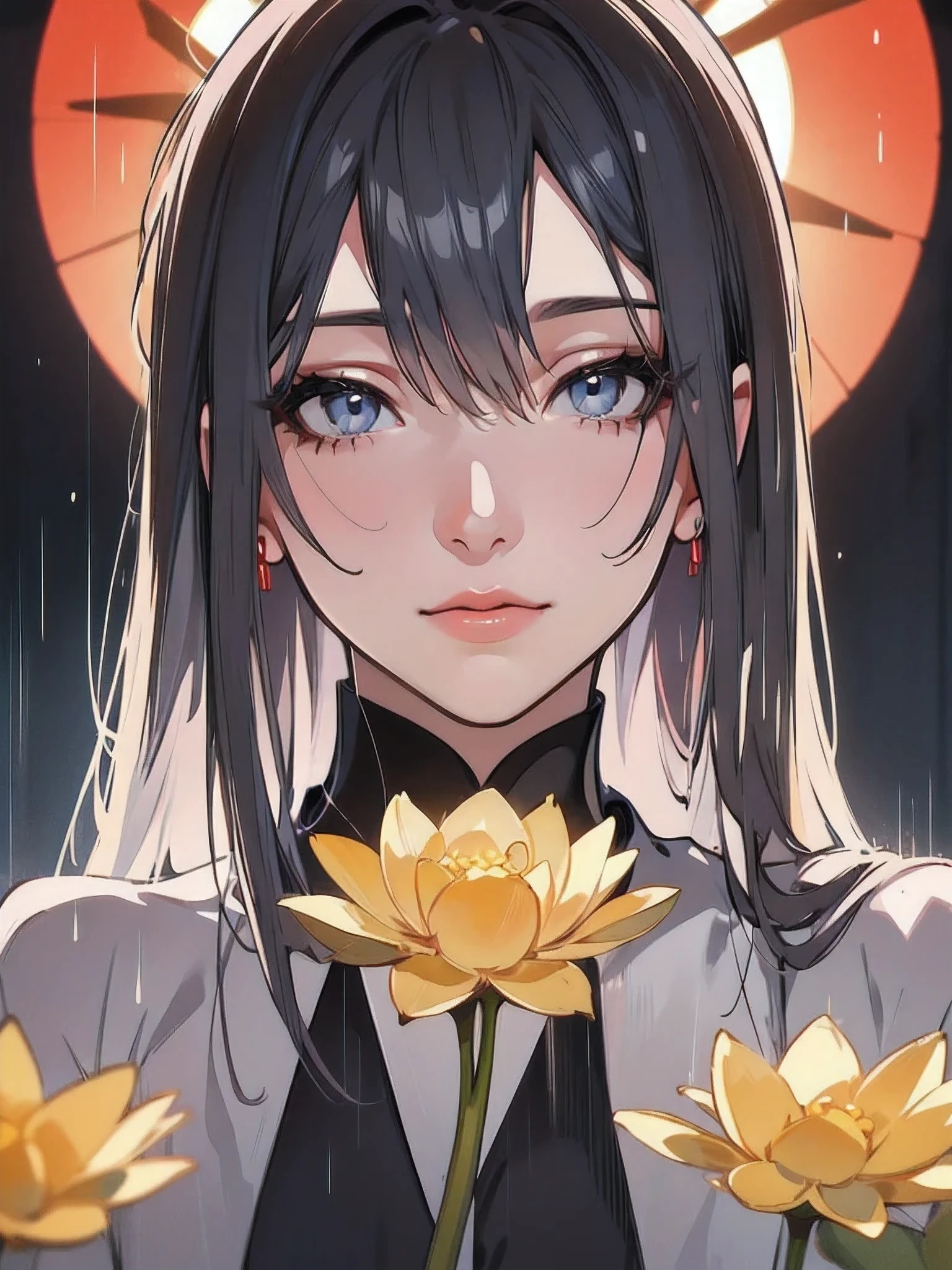 anime girl, fan as a weapon, lotus flowers, rain, in a temple, (best quality,4k,8k,highres,masterpiece:1.2),ultra-detailed,(realistic,photorealistic,photo-realistic:1.37),1girl,beautiful detailed eyes,beautiful detailed lips,extremely detailed eyes and face,longeyelashes,kimono,holding a fan,lotus pond,heavy rain,temple architecture,shinto shrine,dramatic lighting