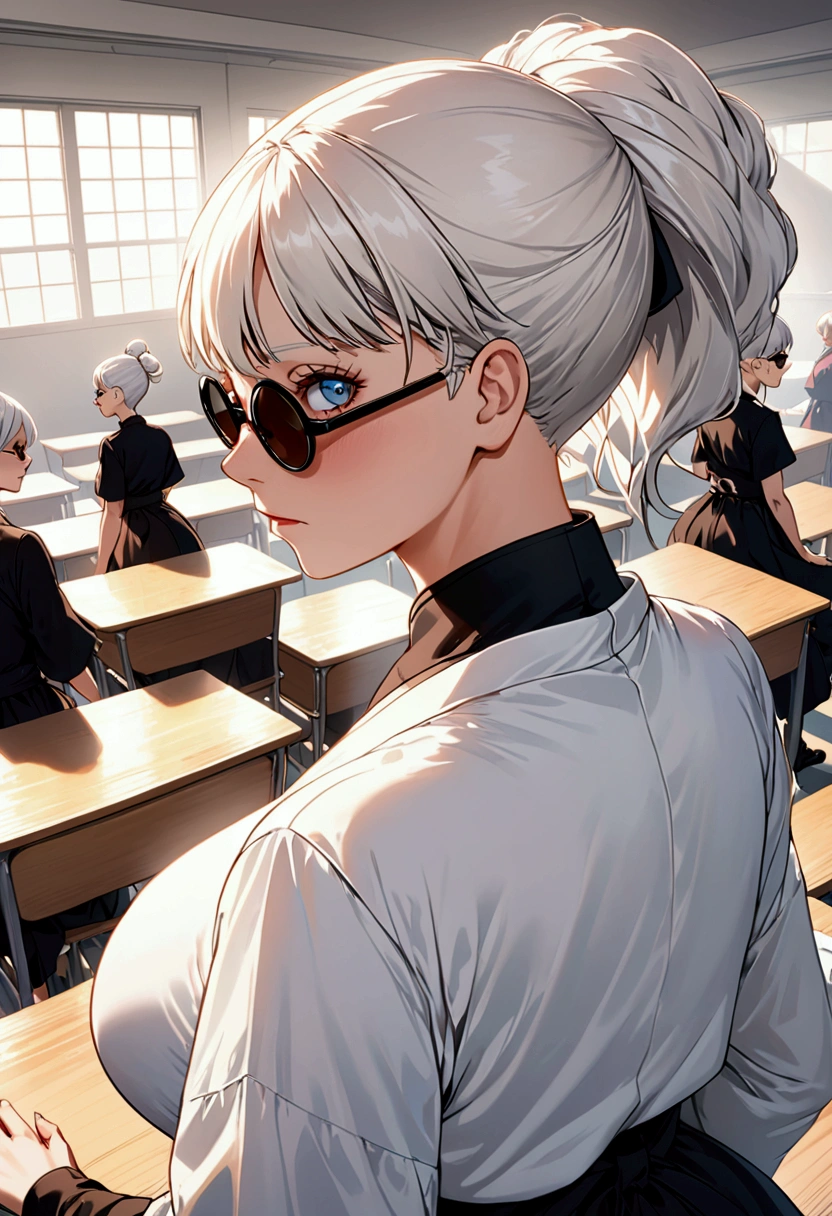 Woman, famous version, female, standing alone, standing alone, JUJUTSU KAİSEN, White hair, hair bun, white eyebrows, white eyelashes, clear blue eyes, detailedeyes, Wearing Round Sunglasses, wearing black shirt, black leagwear, class room, high qualiy, 4k resolution, アニメ