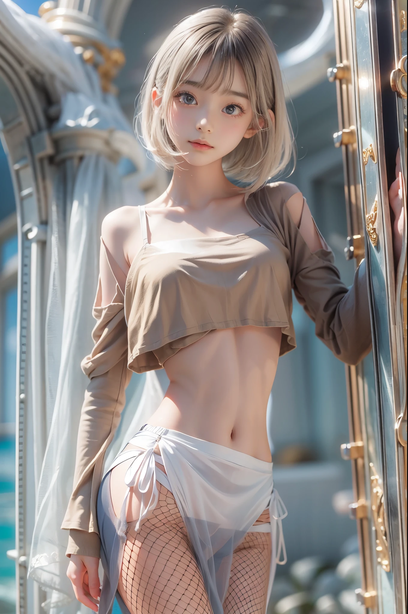 silber hair、short-hair、Golden Eyes、teens girl、View of the crotch from below、flat chest、Thin pubic hair、Beautiful open legs、Red bathrobe、low angles