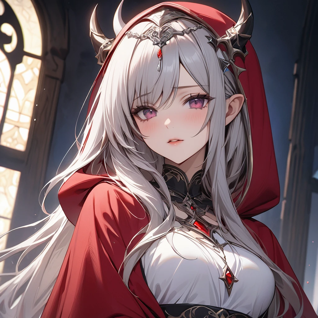 ((Highest quality)), ((masterpiece)), (detailed), （Perfect Face）、The woman is the princess of Moonbrooke and wears a white robe and a red hooded cloak.、She is a demon priestess、The woman becomes the Demon King&#39;s bride in a gorgeous black wedding dress with gold embroidery and trim, and a black wedding veil.