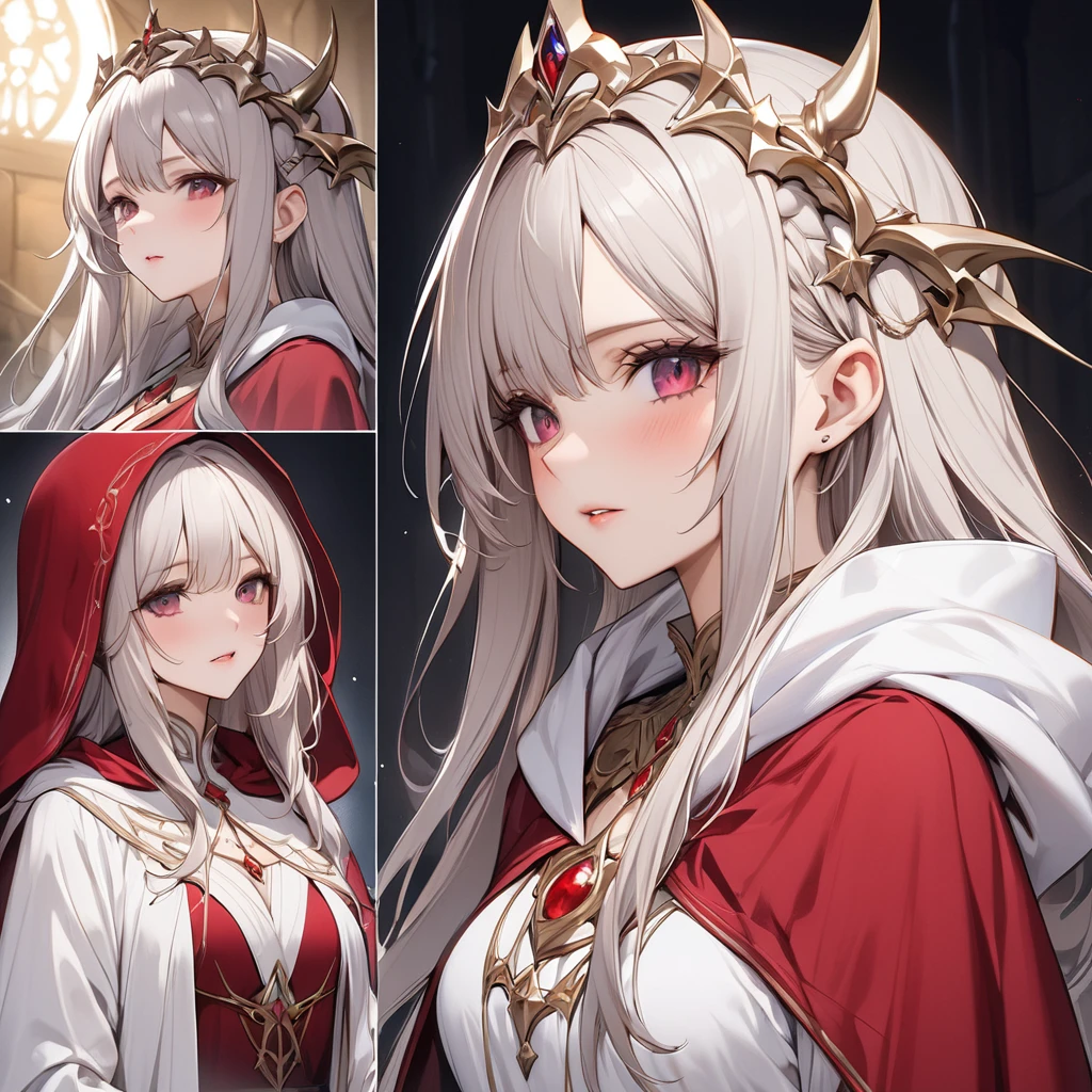 ((Highest quality)), ((masterpiece)), (detailed), （Perfect Face）、The woman is the princess of Moonbrooke and wears a white robe and a red hooded cloak.、She is a demon priestess、The woman becomes the Demon King&#39;s bride in a gorgeous black wedding dress with gold embroidery and trim, and a black wedding veil.