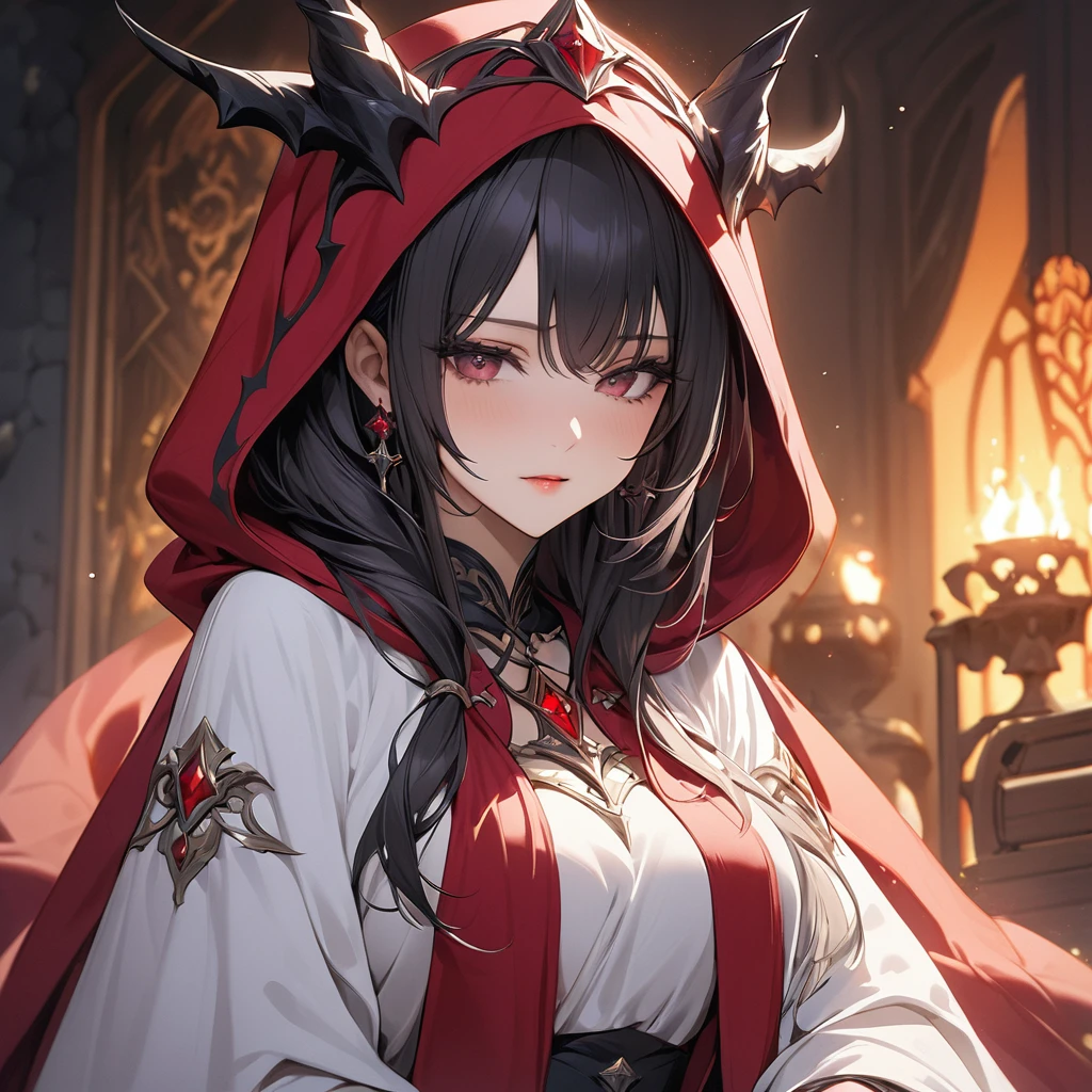 ((Highest quality)), ((masterpiece)), (detailed), （Perfect Face）、The woman is the princess of Moonbrooke and wears a white robe and a red hooded cloak.、She is a demon priestess、The woman becomes the Demon King&#39;s bride in a gorgeous black wedding dress with gold embroidery and trim, and a black wedding veil.