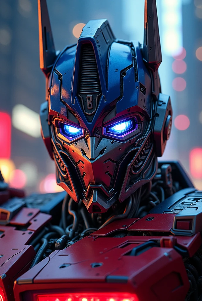 Close-up of the face and half body of Optimus Prime, with red, blue, and white lights on of that colossal robot at night in New York City, very detailed, in the style of Artstation, hyper-realistic oil painting in the cyberpunk style, in the style of Maciej Kuciara, neon light sign, close-up, macro photography, high resolution, bokeh effect, cinematic, vibrant, depth of field, dark background, futuristic style