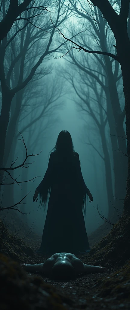  
I want a cover for a mystery and horror book in a forest. I want a creature in the form of a woman with long hair down to her feet, dark-skinned, yellow eyes, long, sharp nails and their feet should be turned upside down, I mean, in reverse form 