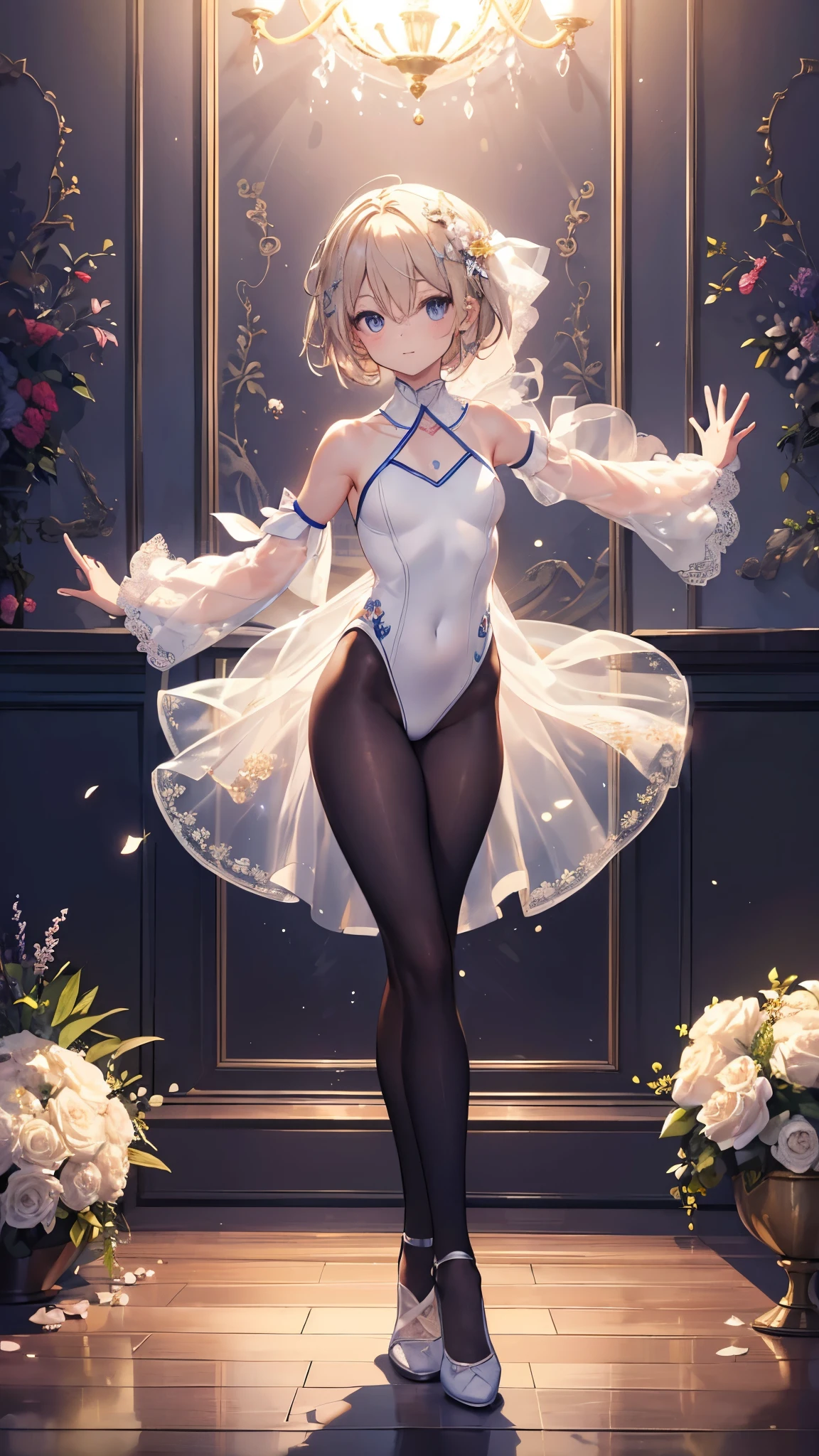 masterpiece, best quality, highres, 1girl, detailed face, blush, anime CG style, (medium breasts), (18 year old girl:1.3), (aged up), good lighting, perfect body, sakura kinomoto, glossy lips, looking back at viewer, indoors, tutu, white pantyhose, panties under pantyhose