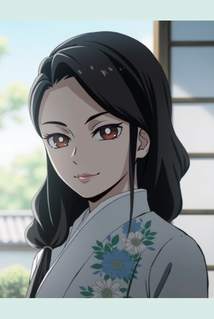 Anime woman, teahouse waitress, japanese style, wearing a pink yukata, black hair styled in a bun, beautiful, smiling, green eyes