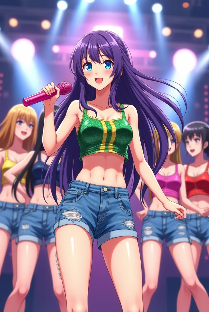 ((masterpiece、Highest quality、Official Art))、snap shot、Idol Concert、Concert Stage、(3人のcute naked girls、12 years old、smile、sing、dance、Ribbon headband、Ultra mini skirt:1.2、Idol Costumes:1.2 )、Exposing the breasts、Hair of different colorr.々Hair style、(((Full nudity、Pussy、cute)))、(Sweat a lot、Glowing Skin)、Anime key visual, ((The characters are unique))
