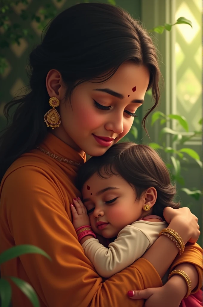 Create incinematic 3d image"• Mother looking at sleeping child: Yashoda sitting beside Gopi’s bed, watching him sleep with a content smile, her hand gently resting on his head.