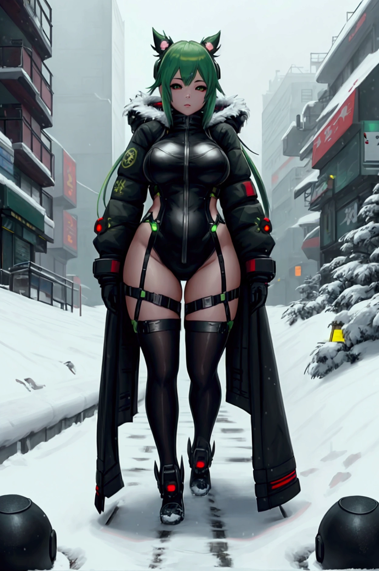 anime girl with green hair and black tights posing in the snow, cyberpunk art inspired by Ross Tran, pixiv contest winner, furry art, thicc, anime style. 8k, forest city streets behind her, heavy winter aesthetics, anime style 4 k, badass anime 8 k, artwork in the style of guweiz, [ 4 k digital art ]!!
