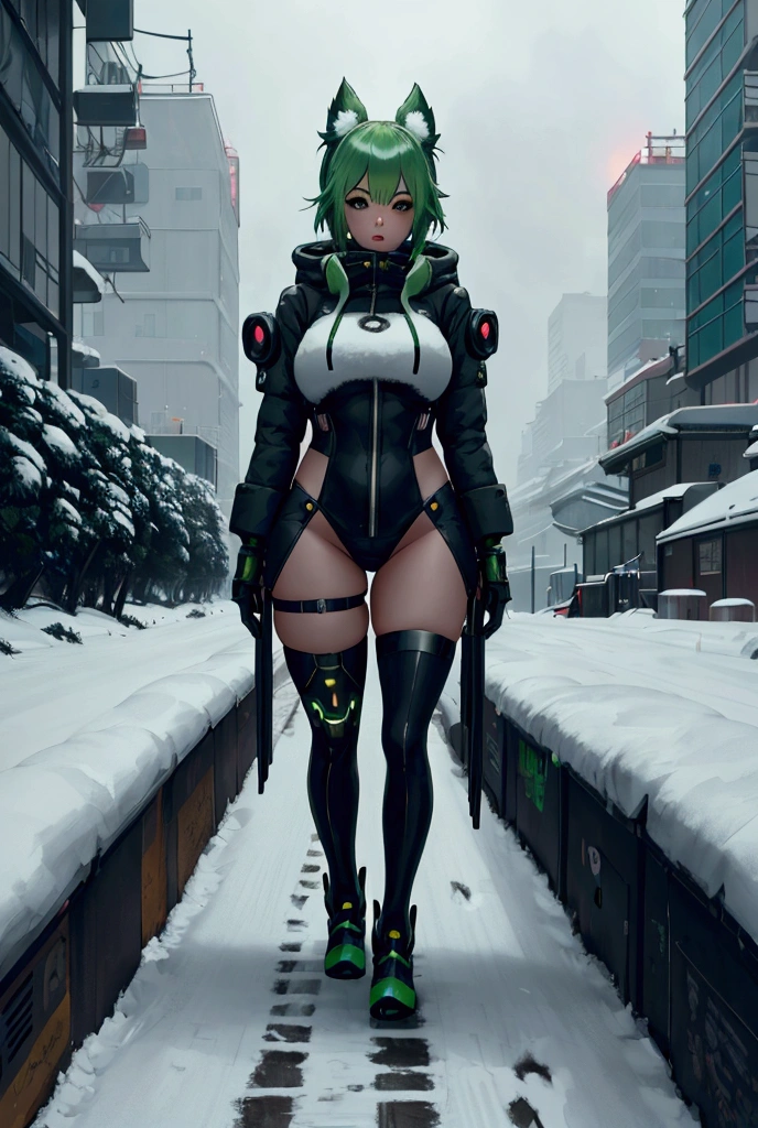 anime girl with green hair and black tights posing in the snow, cyberpunk art inspired by Ross Tran, pixiv contest winner, furry art, thicc, anime style. 8k, forest city streets behind her, heavy winter aesthetics, anime style 4 k, badass anime 8 k, artwork in the style of guweiz, [ 4 k digital art ]!!
