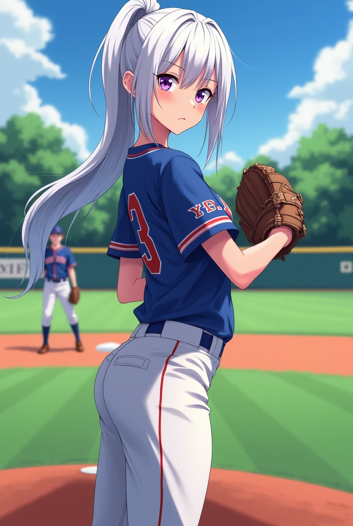 white hair 、baseball、pitcher、High School Students、Girl、Single ponytail 、Purple Eyes