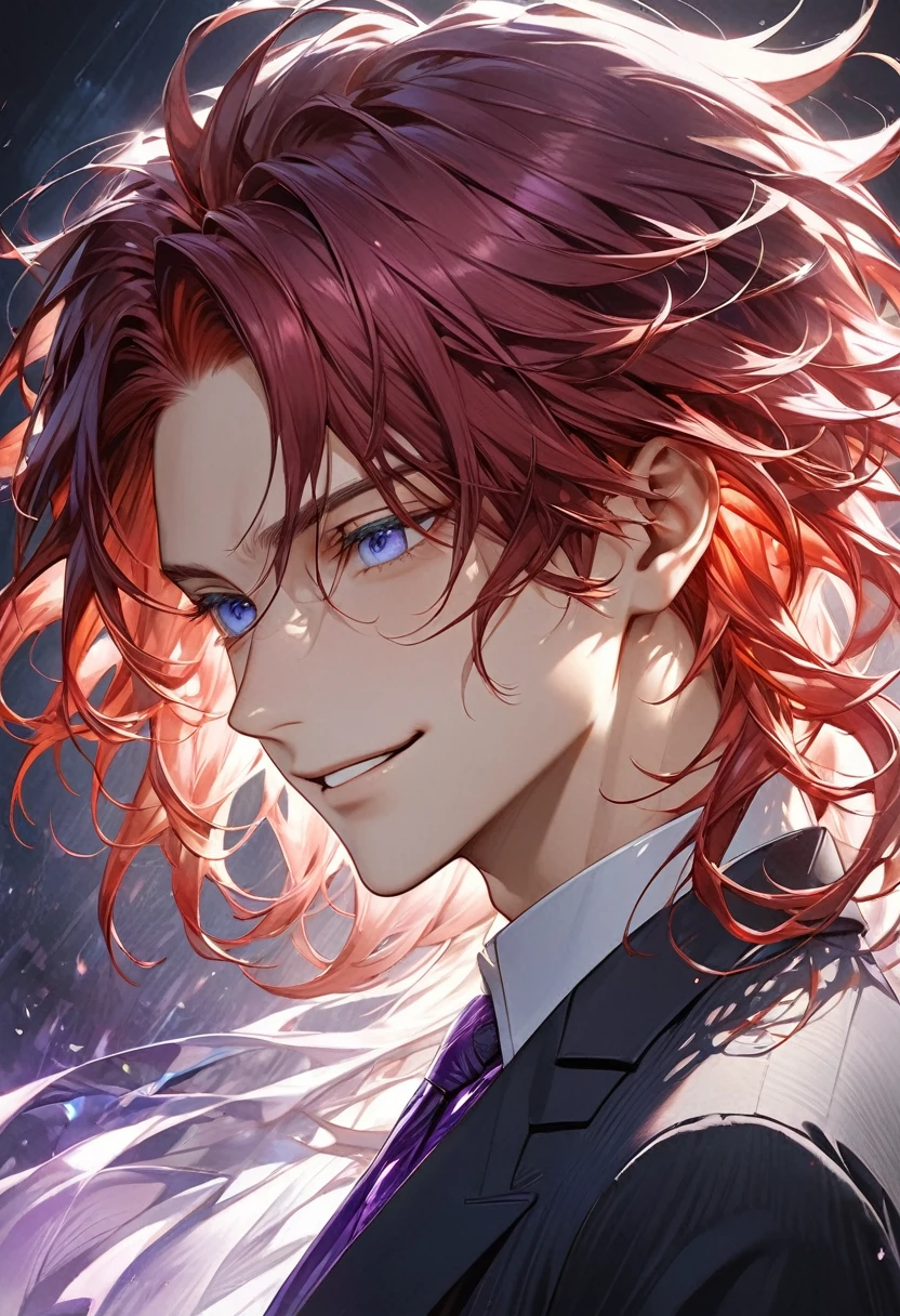 A highly detailed ultrarealistic anime-style portrait of a young man with an intense and enigmatic appearance, styled with a touch of comic novel. He has long, shoulder-length, wavy red hair, with each strand meticulously textured to capture movement and depth. His dark blue eyes are piercing and expressive, conveying a kind, almost naive expression with a subtle, calculating smile. He wears an elegant suit in deep purple tones with subtle golden accents, meticulously designed to reflect the richness of the fabric, blending the richness of ultrarealistic anime with the subtle stylization of comic novels. The background is softly illuminated, highlighting the character and creating an ethereal aura around him. The lighting emphasizes the contours of his face and attire, perfectly combining realism and narrative stylization.