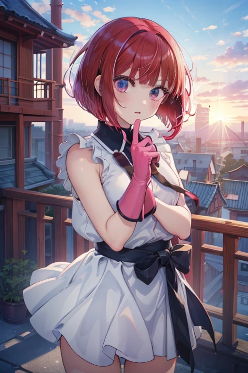 (masterpiece, best quality:1.2), expressive eyes, perfect face, highres, 1girl, solo,arima kana, \(sf\), (female:1,5), red hair, bob hair, dougi, fingerless gloves, headband, standing, cowboy shot, looking at the viewer, Hadouken pose, Rooftop, Japanese castle, tiled roof, 