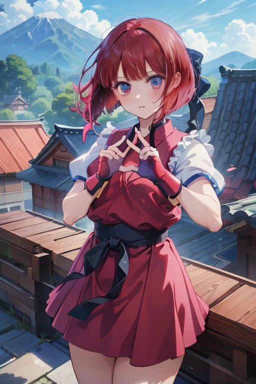 (masterpiece, best quality:1.2), expressive eyes, perfect face, highres, 1girl, solo,arima kana, \(sf\), (female:1,5), red hair, bob hair, dougi, fingerless gloves, headband, standing, cowboy shot, looking at the viewer, Hadouken pose, Rooftop, Japanese castle, tiled roof, 