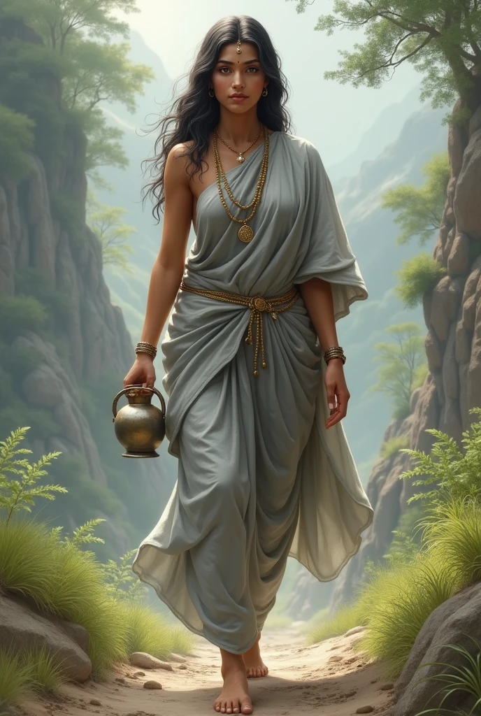 "Create an image of the beautiful Goddess Brahmacharini, depicted in a simple yet graceful grey saree and matching blouse, symbolizing her ascetic and saint-like nature. The saree should be modest, with minimal decoration, reflecting her life of penance and devotion. Her complexion should be radiant, with a serene and peaceful expression on her face, embodying purity and determination. Her large, calm eyes should reflect deep wisdom and unwavering focus on spiritual goals, she has long flowing hair, Partially tied.
Goddess Brahmacharini should be depicted walking barefoot, emphasizing her ascetic lifestyle and devotion.
She has only two hands,
In her right hand, she carries a Jap Mala (prayer beads),
In her left hand, she holds a Kamandal (small water pot).
The background should be a serene, natural landscape, perhaps with a forest or mountain setting, highlighting her life of austerity and connection with nature. The overall image should capture the essence of Goddess Brahmacharini’s beauty, purity, and spiritual dedication, presented in a highly realistic and detailed manner, with her grey saree and saint-like outfit emphasizing her divine and ascetic nature."