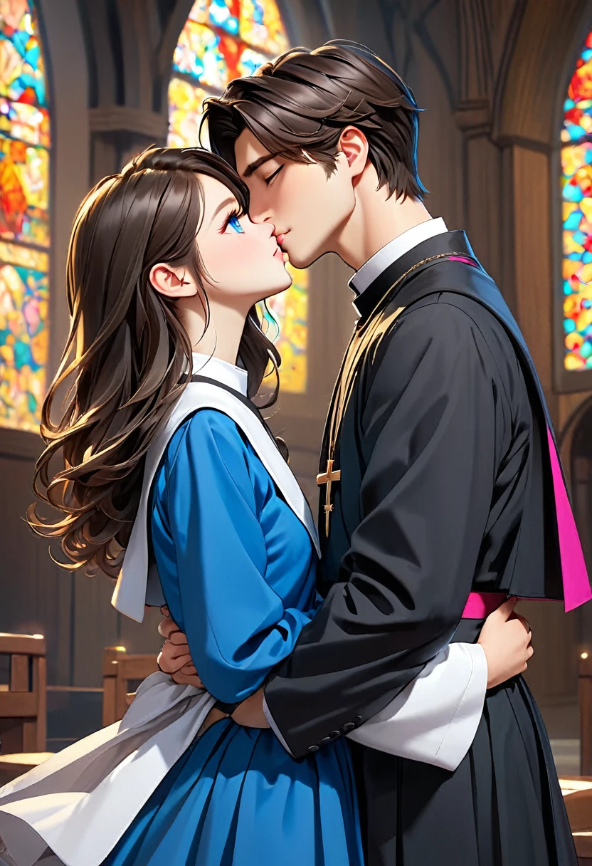 masterpiece, best quality, unity 8k wallpaper, illustration, very detailed, ((happy kiss, 1 woman,1 male, first sound)), whole body, naked, whole body 노출, wet, Warmth, solid, big bust, 10 months pregnant (In the Church))(((have sex)))