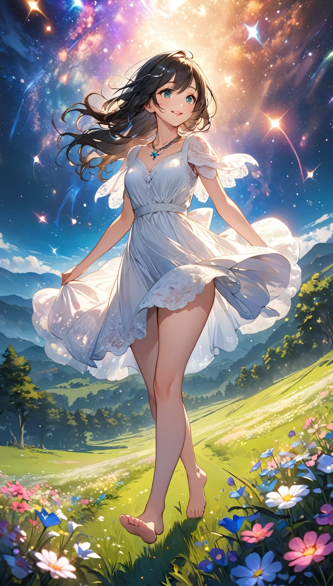 (masterpiece、Highest quality、8k、High resolution)、1 female、Beautiful eyes with slit length、Cute lips、Beautiful Nose、Brownish black hair、smile、(Best anime girl)、Green grassland with forest view、Walking,((Barefoot, off the ground, flying high, high, high, flying and running)),Fantasy art,Colorful flowers blooming in the field,A bright night with the stars clearly visible、milky way、(Mysterious light particles from the whole body、Colorful light particles)、jewelry、necklace、White lace dress、(Beautiful full body style)、Highly detailed anime art、Fantasy art,