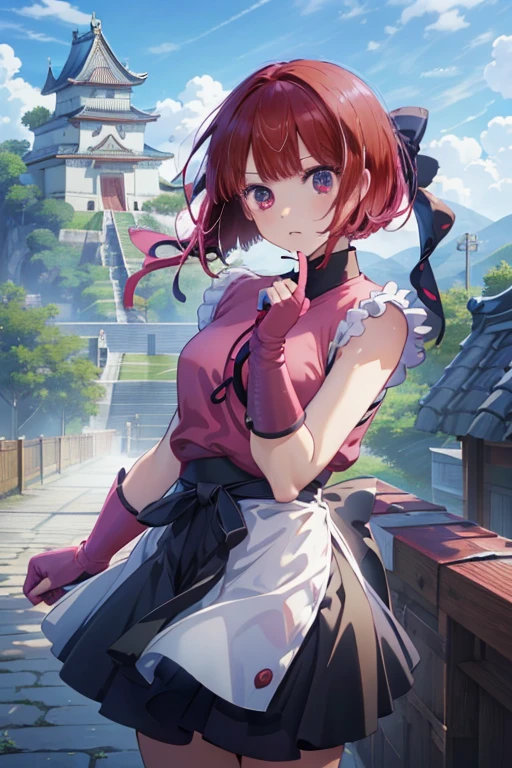 (masterpiece, best quality:1.2), expressive eyes, perfect face, highres, 1girl, solo,arima kana, ryu \(sf\), (female:1,5), red hair, bob hair, dougi, fingerless gloves, headband, standing, cowboy shot, looking at the viewer, Hadouken pose, Rooftop, Japanese castle, tiled roof, 