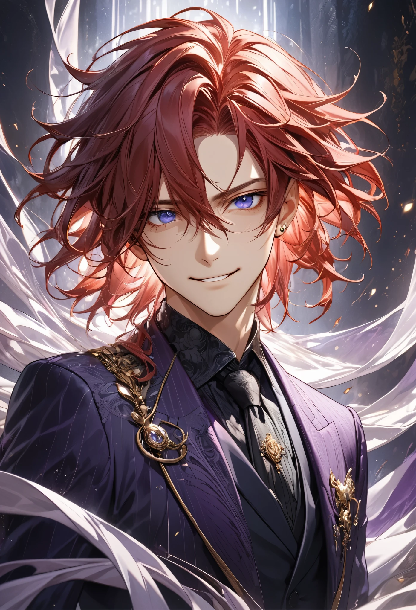 A highly detailed ultrarealistic anime-style portrait of a young man with an intense and enigmatic appearance, styled with a touch of comic novel. He has long, shoulder-length, wavy red hair, with each strand meticulously textured to capture movement and depth. His dark blue eyes are piercing and expressive, conveying a kind, almost naive expression with a subtle, calculating smile. He wears an elegant suit in deep purple tones with subtle golden accents, meticulously designed to reflect the richness of the fabric, blending the richness of ultrarealistic anime with the subtle stylization of comic novels. The background is softly illuminated, highlighting the character and creating an ethereal aura around him. The lighting emphasizes the contours of his face and attire, perfectly combining realism and narrative stylization.