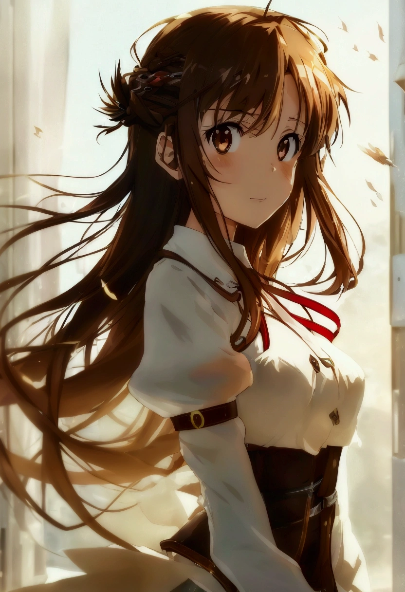 1girl, solo, summer, long hair, chestnut hair, large breasts, button down, ((opened shirt)), dark blue eyes, ((red shirt)), ((checked shirt)), ((long skirt)), ((unbuttoned shirt)), smile, looking at the viewer, moving, hair ribbon, hands on hip