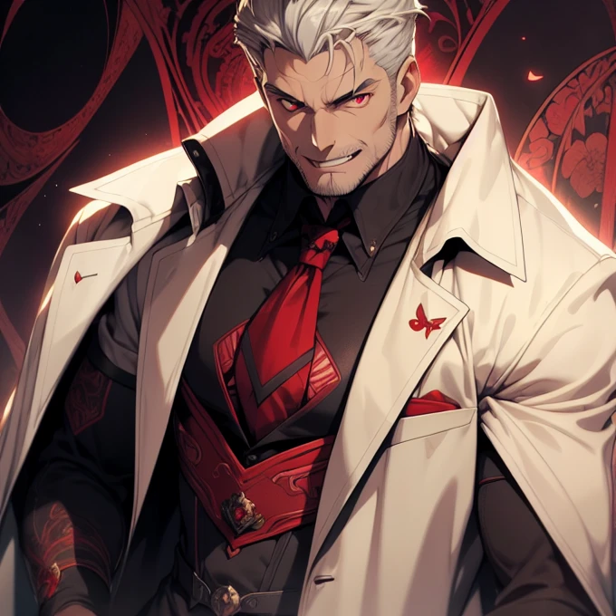 1man, vampire, handsome, pale grey skin, prominent muscular body, seems longer fangs, smile, shining red eyes, Art Nouveau Style, wearing Nouveau Suitcoat, nouveau-psychedelic background, hd, high quality, realistic-style, ultra-realistic, hyperrealistic, closer distance face, closer distance head, his distance pressing against me, 8k resolution