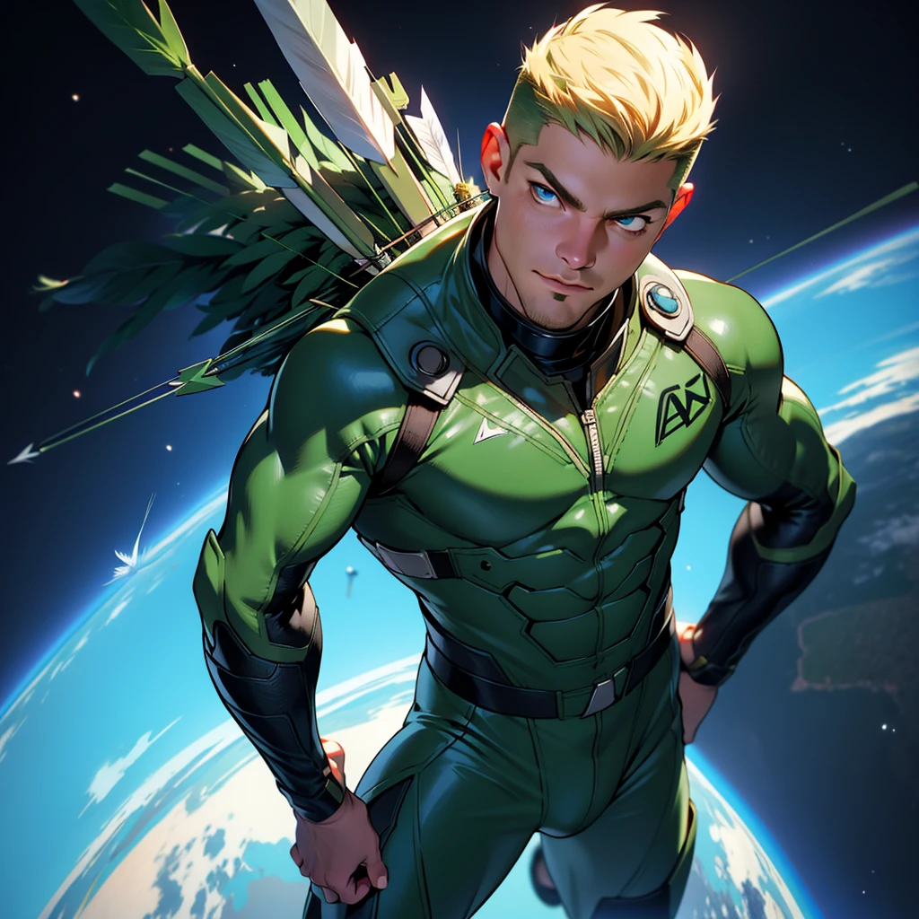 32k,masterpiece, best quality, detailed face, natural eyes,1man, solo mature man, muscled and mature, stephen amell as an astronaut wearing future space suit, dark green suit, showing muscles and bulge ,(((floating like a feather))) in the space inside a space shuttle , (((with "arrow" text and logo on his suit ))),  (((full body))), intricate Detailed background 