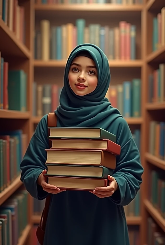 Female teacher with realistic face according Bangladesh in a library holding book as tutor