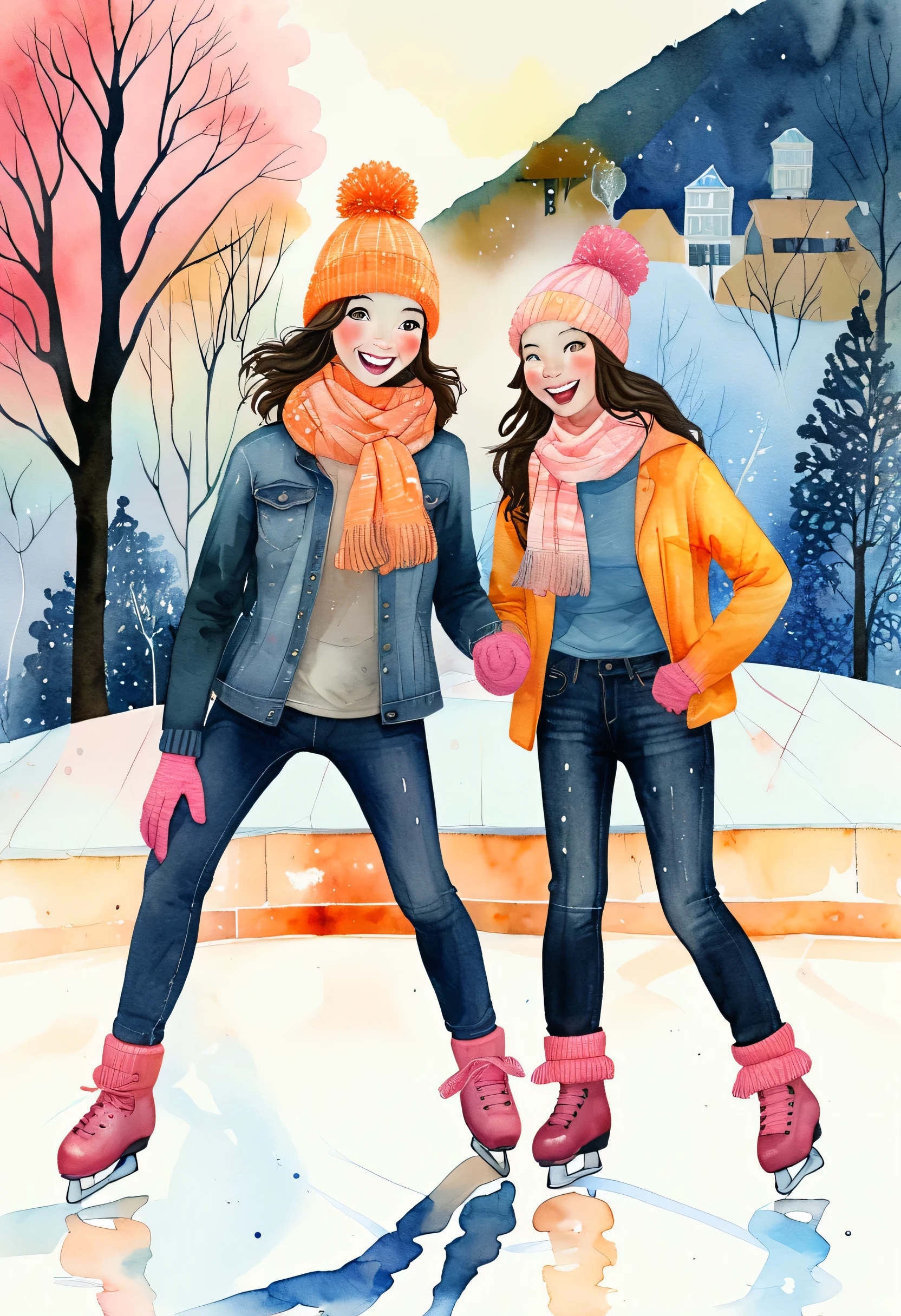 Face Light,Watercolor background:,Daytime,Blurred Background,Two Girls,Takamichi Style, View your viewers,Laughter, A loose jacket, Denim pants,Figure skating, Skating rink, Home,winter,scarf, Knitted hat, Knitted gloves,blush,style of Diane Dillon