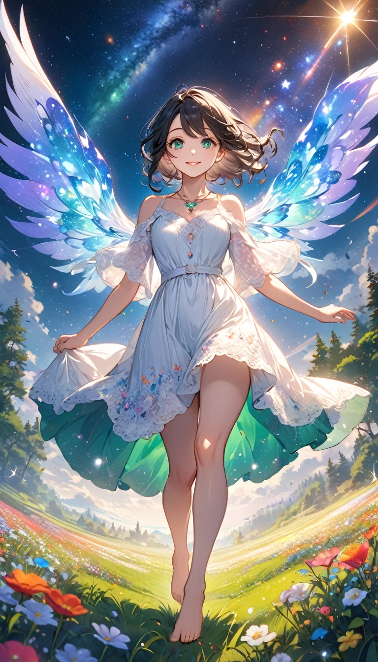 (masterpiece、Highest quality、8k、High resolution)、1 female、Beautiful eyes with slit length、Cute lips、Beautiful Nose、Brownish black hair、smile、(Best anime girl)、Green grassland with forest view、Walking,((Barefoot, off the ground, flying high, high, high, flying and running)),Fantasy art,Colorful flowers blooming in the field,A bright night with the stars clearly visible、milky way、(Mysterious light particles from the whole body、Colorful light particles)、jewelry、necklace、White lace dress、(Beautiful full body style)、Highly detailed anime art、Fantasy art,